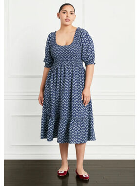 Hill House Home Louisa Nap Dress Smocked Navy Blue Floral Posy Navy Crepe Midi L